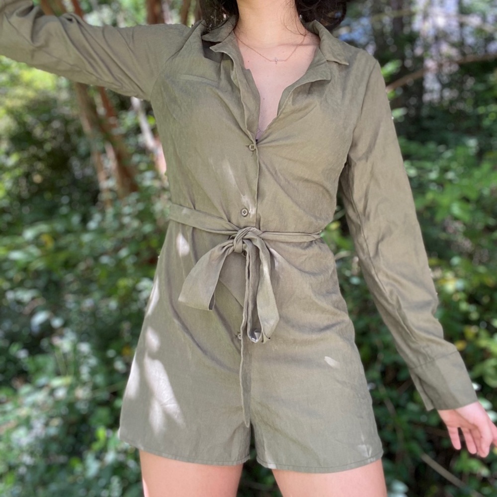 Army Green Button Up Casual Romper